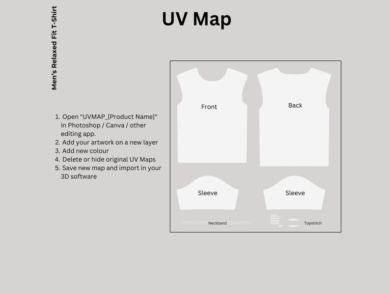 May include: A diagram showing the UV map for a relaxed fit t-shirt. The map includes sections for the front, back, sleeves, neckband, and topstitch.