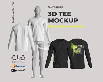 Long Sleeve Crew Tee 3D Garment Mock-Up - Easily Customisable Digital 3D Apparel Model