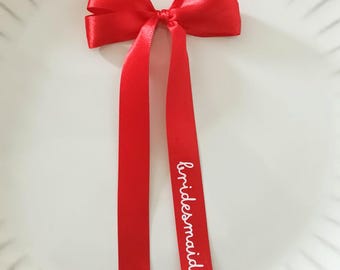 Wedding Place Setting Ribbon Personalised Satin Bow Place Card | Custom Guest Name Tag Christmas Party Handwritten Script Bridal Red White
