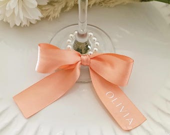 Personalised Satin Ribbon Wine Charm Bridesmaid Name Cards for Wedding Favours Drink Tag Guest Wine Glass Marker Place Card Peach Salmon