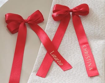 Personalised Ribbon Place Setting | Satin Ribbon Bow Name Card | Custom Guest Table Seating Marker | Red Gold Christmas Party Decor