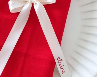 Satin Ribbon Bow Place Card for Table Setting | Elegant Ivory Wedding Reception Seating | Personalised Bow for Guest Plate Name Tag