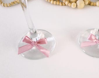 Dusty Pink Mini Ribbon Bow Wine Charm for wedding décor, bachelorette party, engagement party, Baby Shower. Elegant Party favour.