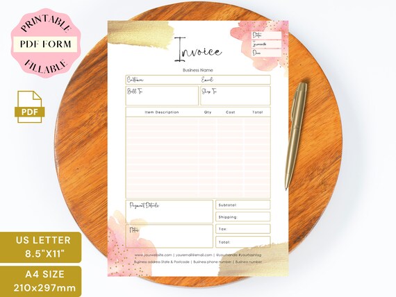 fillable pink gold invoice form template printable invoice etsy