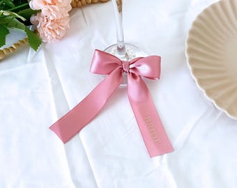 Personalised Ribbon Name Tags Wine Charm Custom Sage Dusty Pink Ribbon Name Place Cards for Wedding Bridal Shower Hens Ivory Wine Glass Tag