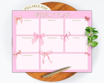Pink Bows Weekly Schedule Planner Printable Homeschool Fillable School Daily Planner Activities Calendar Plan Coquette Teen Girls Cute Bow