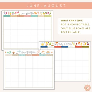 以下が含まれることがあります： 6月、7月、8月の印刷可能な夏の活動カレンダー。各月は、曜日と活動を書くためのスペースのあるグリッドがあります。カレンダーは、アイスクリーム、スイカ、サングラスなどの夏のアイテムのカラフルなイラストで夏のテーマになっています。