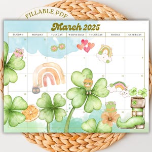 Editable March 2025 Calendar Happy St Patrick&#39;s Day Groovy Fillable Planner Watercolor Community Kids School Classroom Schedule Green Retro