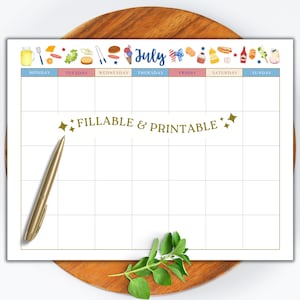 Printable July Calendar Monthly Planner Summer Holidays 4th of July Blue Red White USA Independence  Day 2024 Family Kids School Celebration