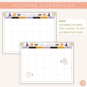 以下が含まれることがあります： ハロウィーンをテーマにした10月の印刷可能なカレンダー。カレンダーには、白黒のクモの巣、オレンジ色のカボチャ、黒い魔女の帽子、コウモリが描かれています。カレンダーには、月曜日、火曜日、水曜日、木曜日、金曜日、土曜日、日曜日の曜日がラベル付けされています。カレンダーの上部には「October Activities」というテキストがあります。