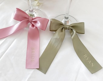 Pre-tied Personalised Ribbon Place Card Wine Charm with Custom Name | Events Wedding Bridal Party Baby Shower Hens | Wine Glass Ivory Pink