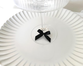 Black Mini Ribbon Bow Wine Charm for Wedding, Drink Charm, Cocktail Party, Anniversary, Baby Shower, Corporate Event, Classic Table Decor