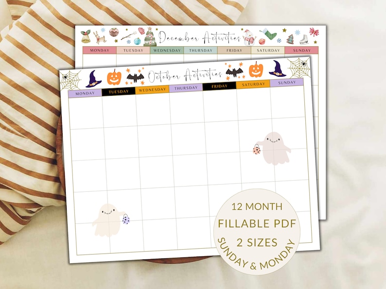 October and December Monthly Activities Calendar Planner displayed on a wooden board.