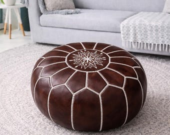 Dark Brown Moroccan Leather Pouf – Handmade Ottoman Footstool – Boho Floor Cushion – Round Embroidered Ottoman – Living Room Decor