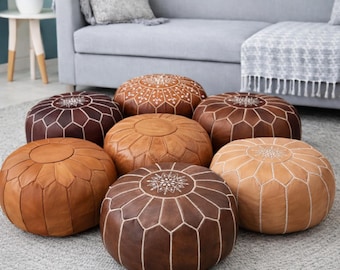Puf ze skóry marokańskiej, ręcznie robiona brązowa poduszka podłogowa, podnóżek w stylu boho, okrągły puf ze skóry naturalnej, wystrój salonu, niepchany