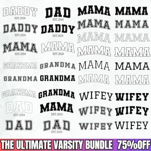 Varsity bundel SVG, Mama varsity SVG, papa varsity SVG, mama en papa est 2024 SVG PNG, Wifey SVG, oma SVG, Varsity brieven SVG bundel
