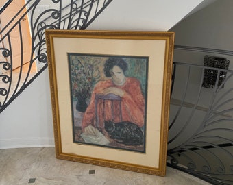 Barbara A Wood Signed Numbered Limited Edition&quot; Lady With Cat&quot; 360/975 Lithograph