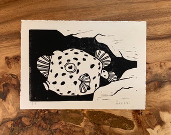 Boxfish linocut print original handmade