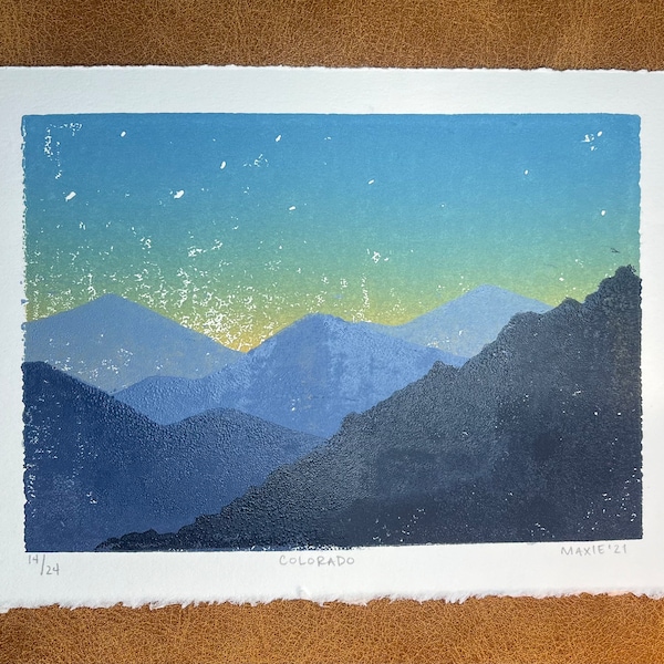 Impresión de reducción de linograbado de las Montañas Rocosas de Colorado, original, hecha a mano, suministro limitado
