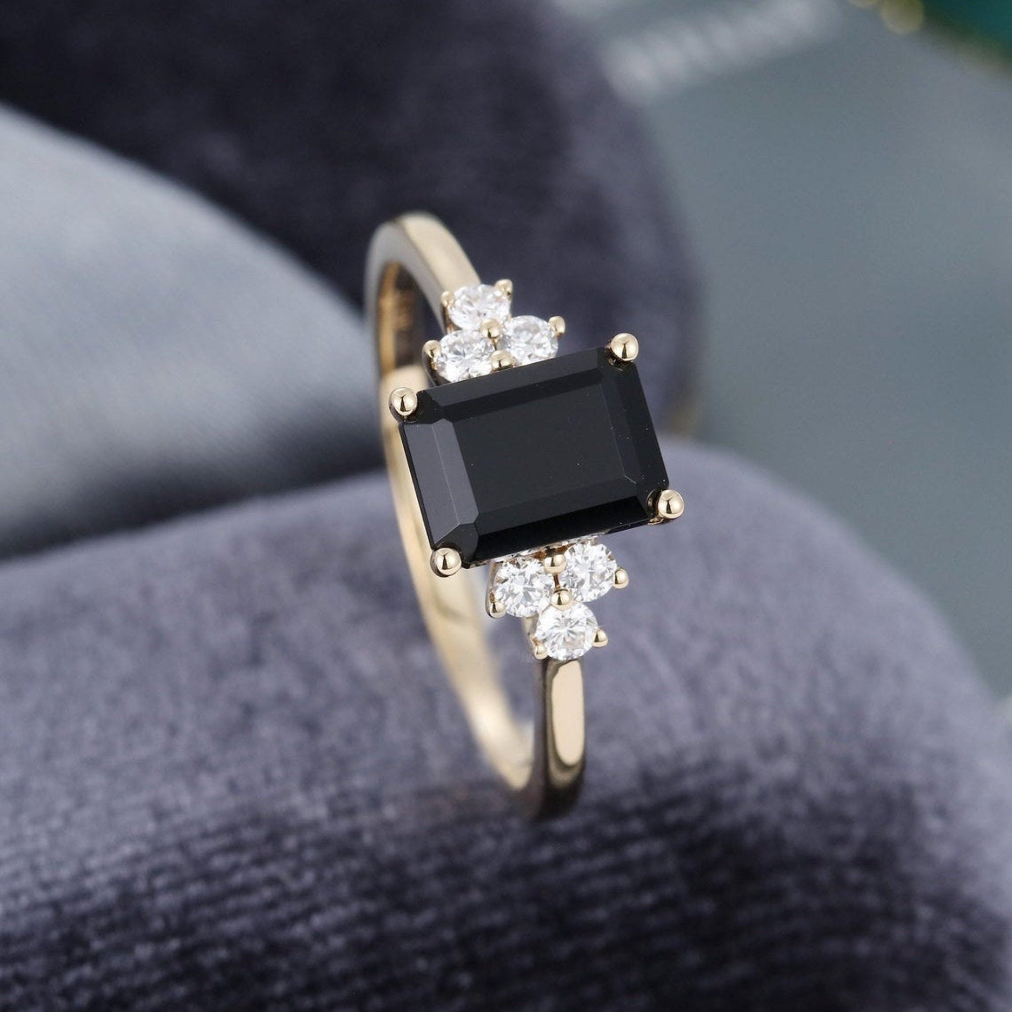 Emerald cut Black Onyx engagement ring vintage diamond Cluster Etsy