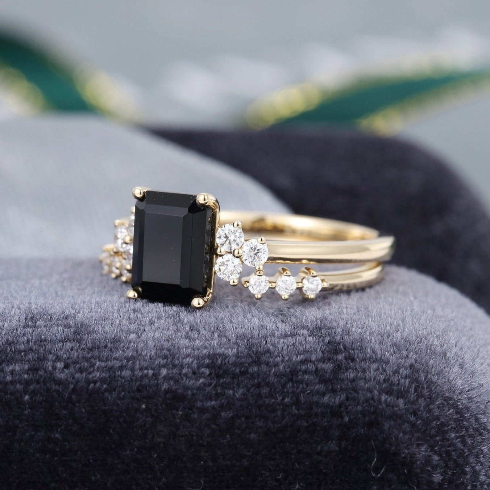 Emerald cut Black Onyx engagement ring vintage diamond Cluster Etsy
