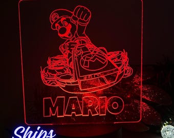 Personalized Mario Night Light: Engraved LED Lamp, Gamer Room Decor