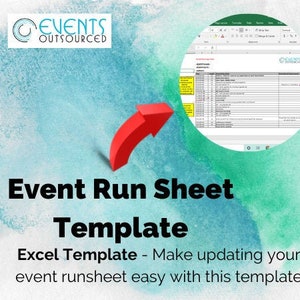 May include: A red arrow points to a computer screen displaying an Excel spreadsheet with the title "Event Run Sheet Template". The text "Excel Template - Make updating your event runsheet easy with this template" is below the image.