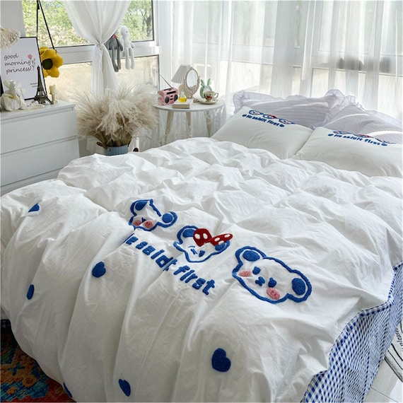Super Cute White&Blue Cotton Duvet Cover Set Floral Bedding set Duvet Cover Queen Duvet Cover Full High Quality Handmade Duver Cover set
