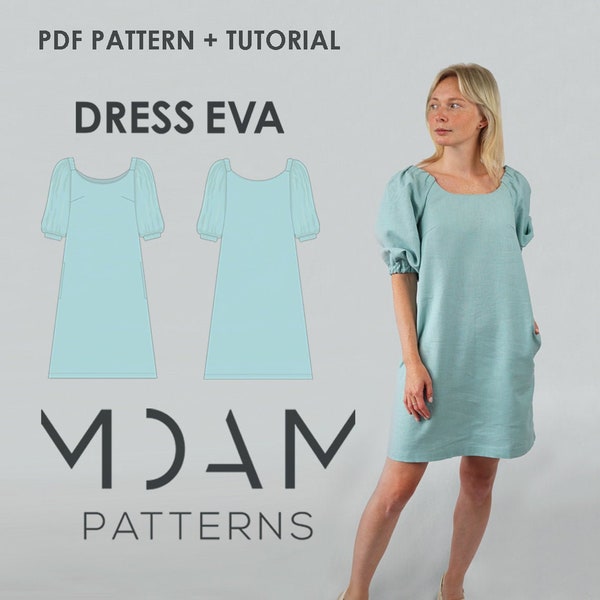 Summer Dress Eva Digital PDF Sewing Pattern with Instructions all sizes. Features: pockets, beginner level.