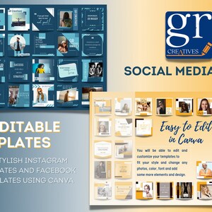 May include: A set of 60 editable social media post templates in blue and yellow color schemes. The text reads "60 Editable Templates" and "Create Stylish Instagram Post Templates and Facebook Post Templates Using Canva". The text also reads "Easy to Edit in Canva" and "You will be able to edit and customize your templates to fit your style and change any photos, color, font and add some more elements and design."