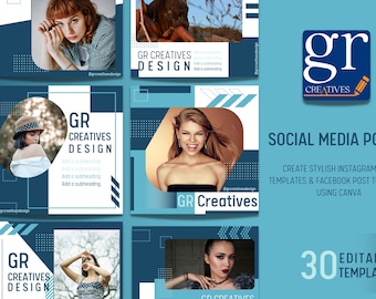 May include: A set of 30 editable social media post templates for Instagram and Facebook. The templates feature a blue and white colour scheme with geometric shapes and patterns. The text "GR CREATIVES DESIGN" is featured on the templates. The text "SOCIAL MEDIA POSTS" and "30 EDITABLE TEMPLATES" is also featured on the templates.
