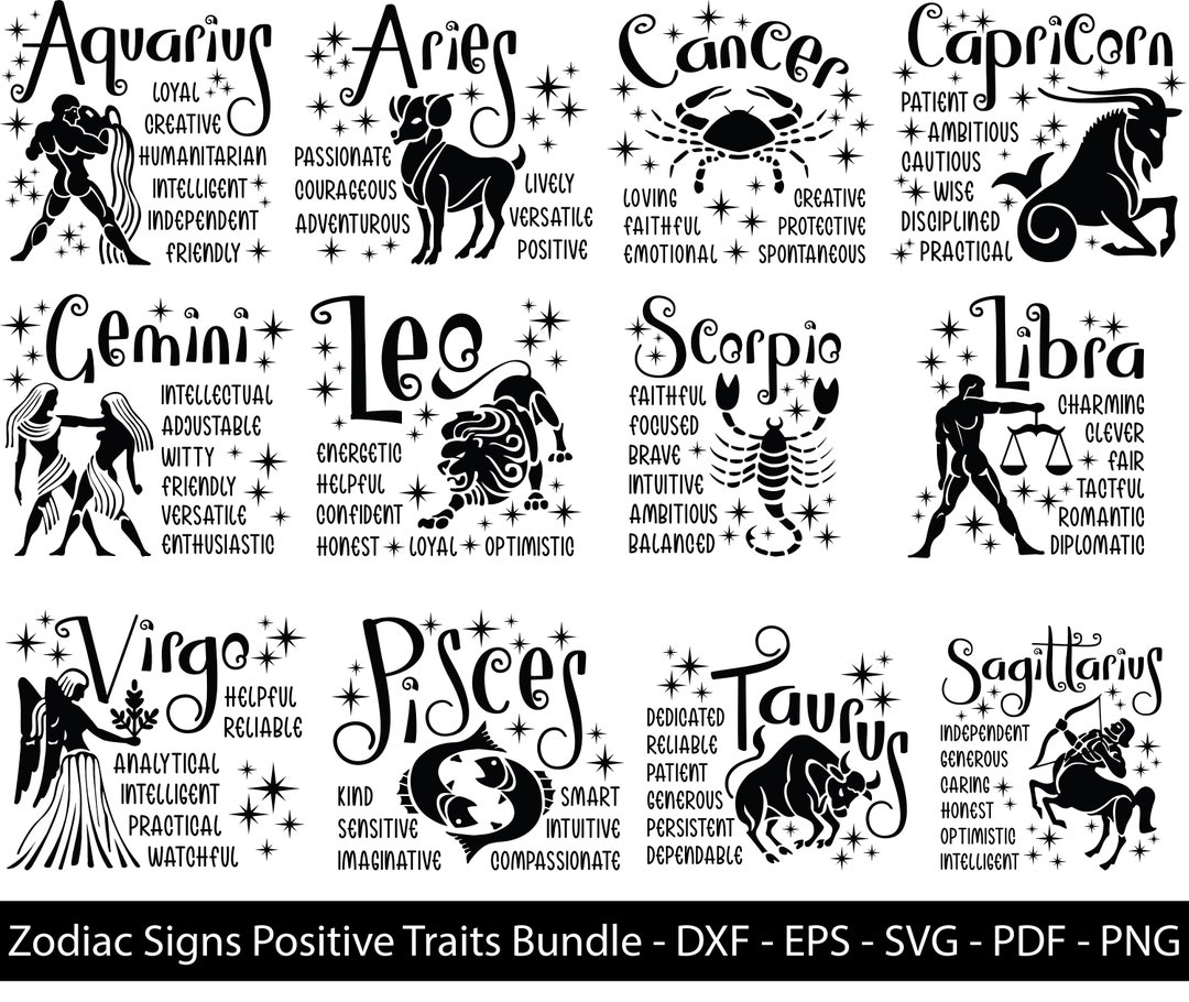 Zodiac Signs Positive Traits Bundle, Aquarius, Aries, Cancer, Capricorn ...