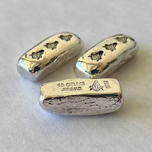 One - 10g SILVER .999 hand poured Masonic bar. FreeMason / Free Mason 10 g / gram / ten.