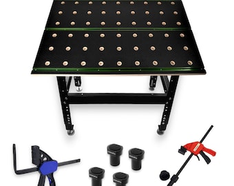 MFT Workbench 915x610x900mm with 20mm holes, T-track profiles, clamps, and steel legs.