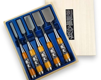 5 pieces traditional Japanese chisels Shirogami Oire KANETOMO woodworking chisel with wooden handle and bag