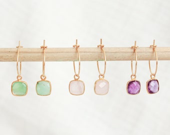 Mini hoop earrings with gemstones, amethyst hoops, rose quartz hoops, green agate hoops, gold-plated natural stone earrings