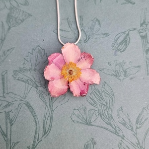 Pink Japanese anemone necklace; anemone jewellery; pressed flower necklace