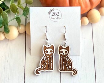 Hand Painted Halloween Skeleton Cat Earrings: Maple Wood