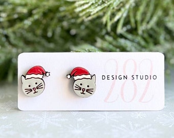 Christmas Cat Earrings: Laser Cut Wood Santa Hat Studs