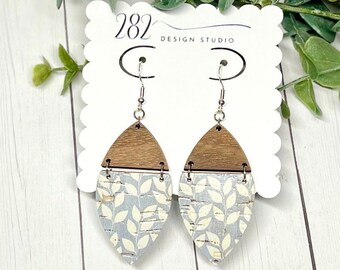 Cork Leather and Wood Earrings, Floral Earring, Pointed Leaf Earrings, Gifts for her, lightweight earrings, pink earrings, gray boho earring