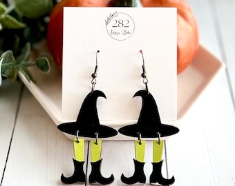Hand Painted Wicked Witch Earrings, Halloween Dangle Earrings
