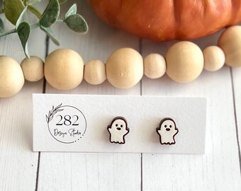 Hand Painted Ghost Stud Earrings: Maple Wood, Halloween Jewelry