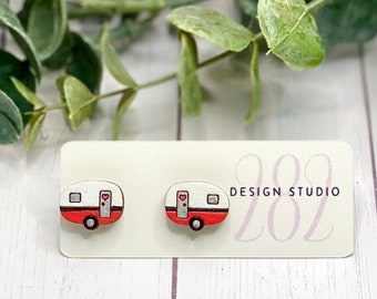 RV Stud Earrings, Hand Painted Camper Wood Earrings, Summer Travel Jewelry, Gifts for Campers, Red and White Earrings, Fun Summer Earrings