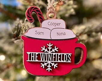 Personalized Family Christmas Ornament: Hot Cocoa Mug, Custom Names