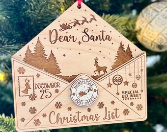 Dear Santa "Christmas List Holder" Wooden Ornament, Holiday Keepsake Ornament