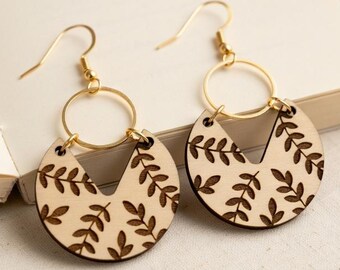 Minimalist Wooden Earrings | Laser Engraved Leaf Pattern | Gold Dangle Earrings | Everyday Jewelry