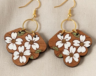 Minimalist Wooden Dogwood Flower Earrings | Floral Gold Accent Earrings | Luxury Everyday Jewelry