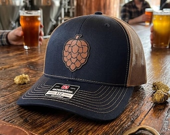 Hops Leather Patch Trucker Hat | Richardson 112 | Navy & Carmel | Craft Beer Gift | Brewery Hat | Snapback | Beer Lover Gift