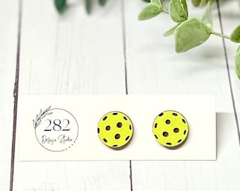 Hand Painted Pickleball Stud Earrings: Sports Earrings, Lightweight Wood Cabochon