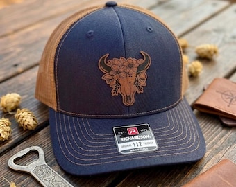 Floral Bull Skull Trucker Hat | Engraved Leatherette Patch, Richardson 112 Western Cowgirl Style